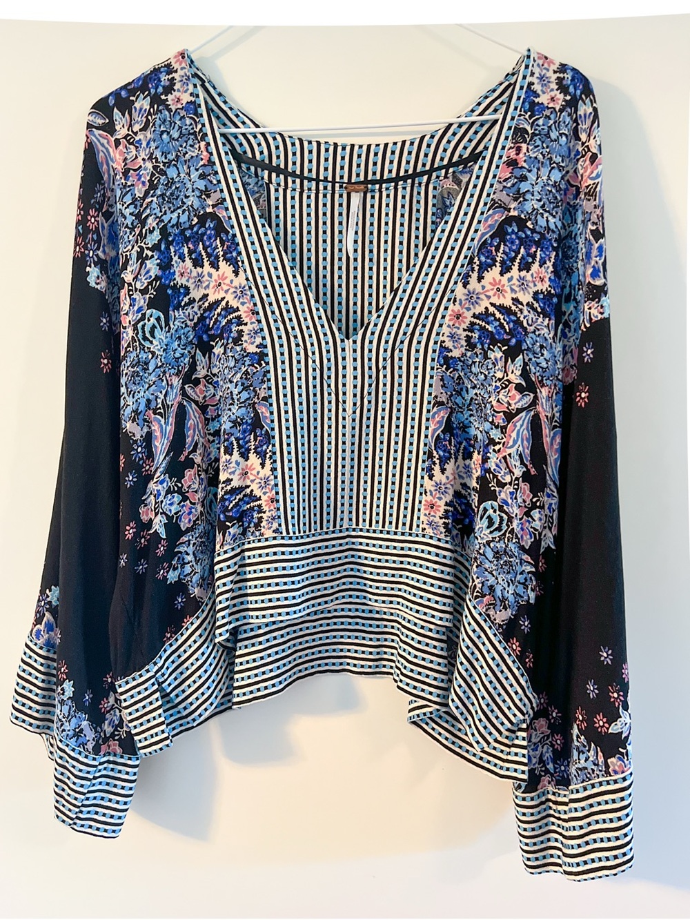 Free People Floral Boho Striped Kimono Sleeve Cropped Blouse Size S